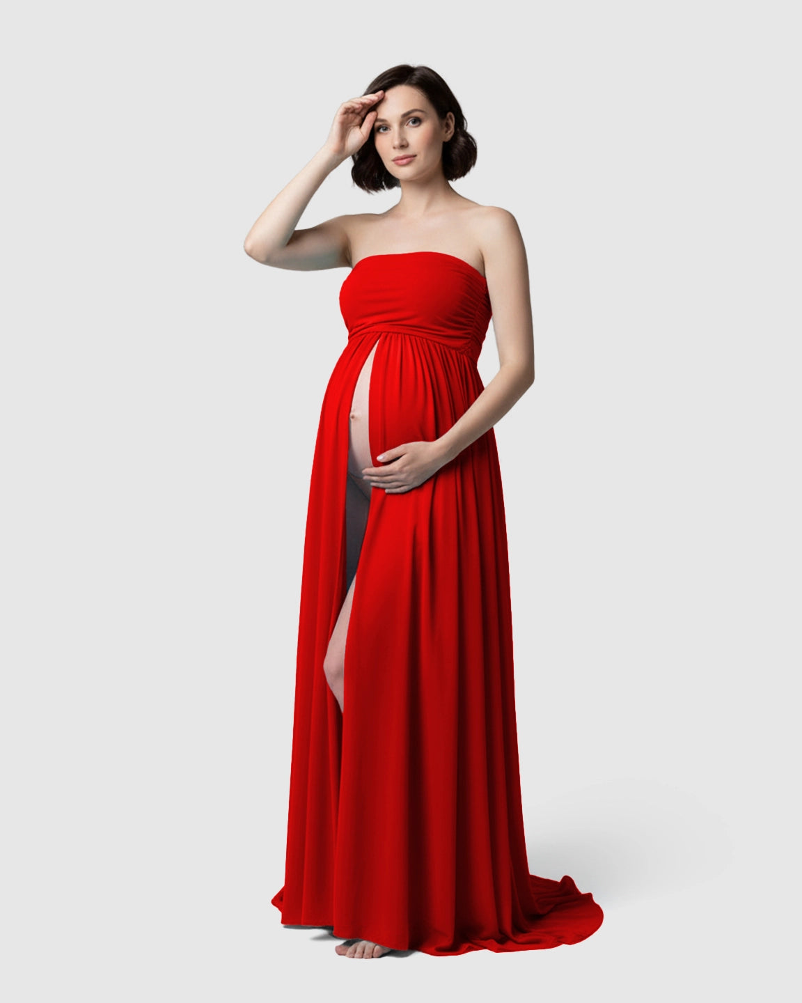 Strapless Ruched Front Slit Maternity Photoshoot Dress
