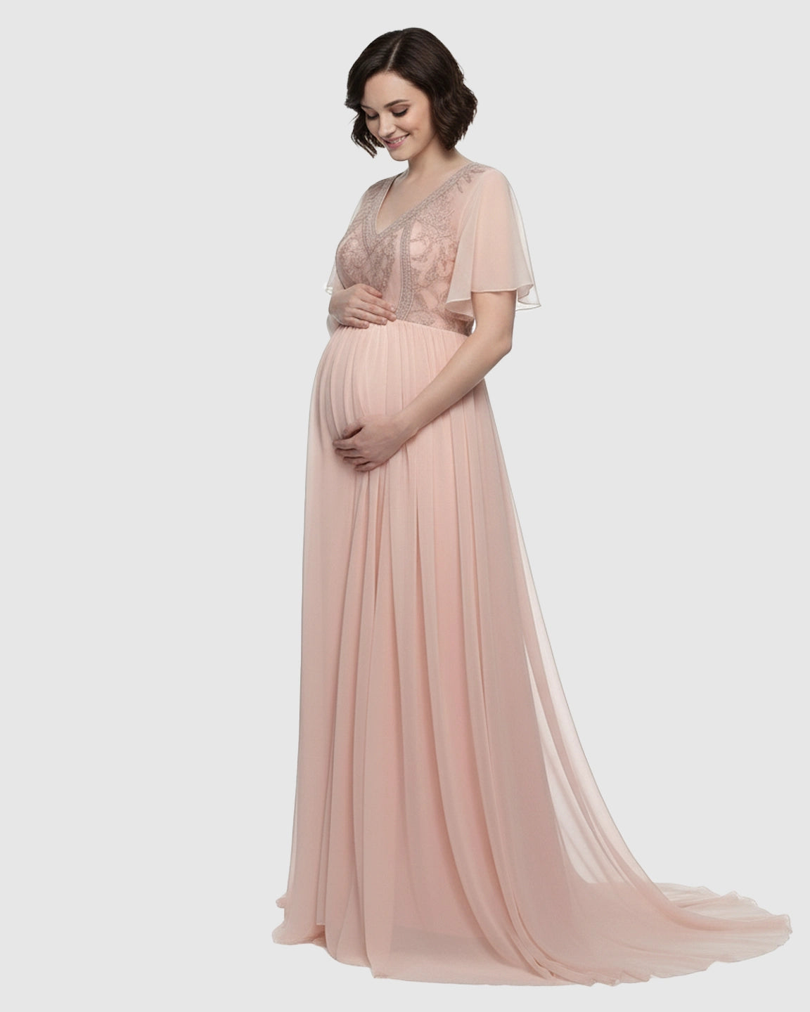 Embroidered Bodice Long Train Maternity Photoshoot Gown