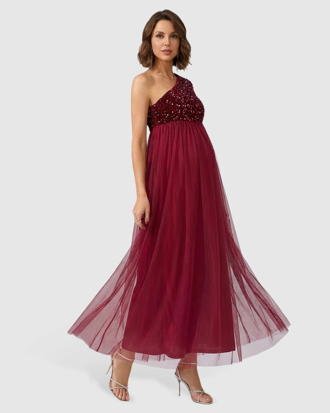 Sequin One-Shoulder Elegant Maternity Maxi Dress