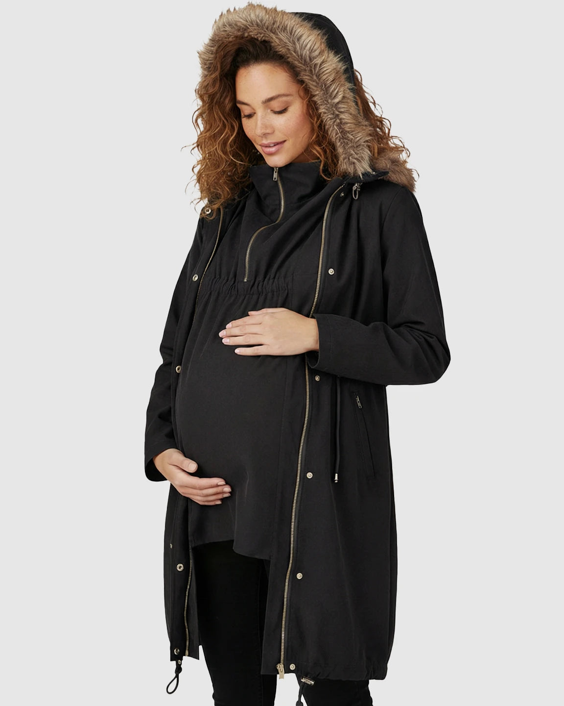 Fur Collar Hooded Long Maternity Jacket