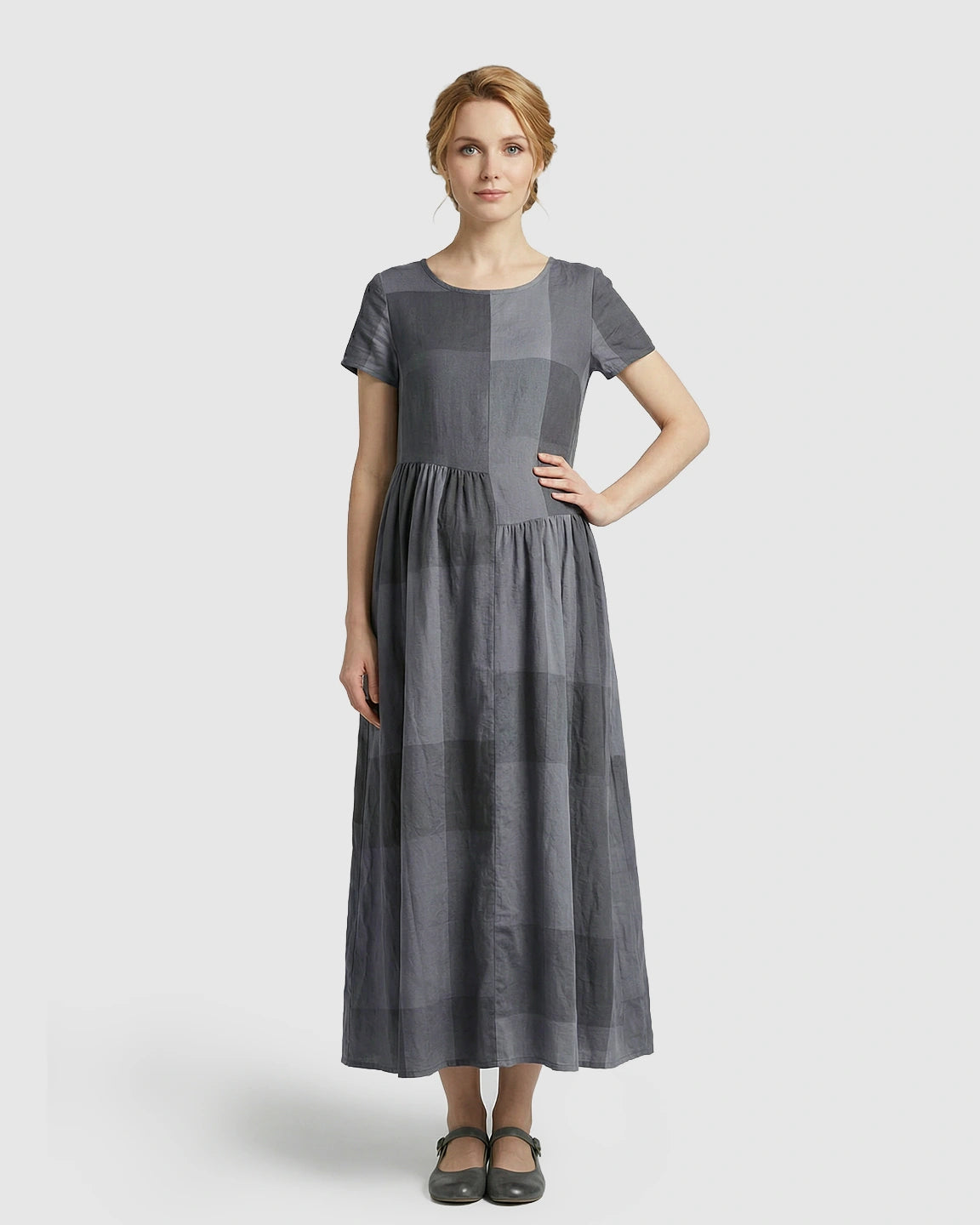 Plaid Short Sleeve Babydoll Maternity Maxi Dress