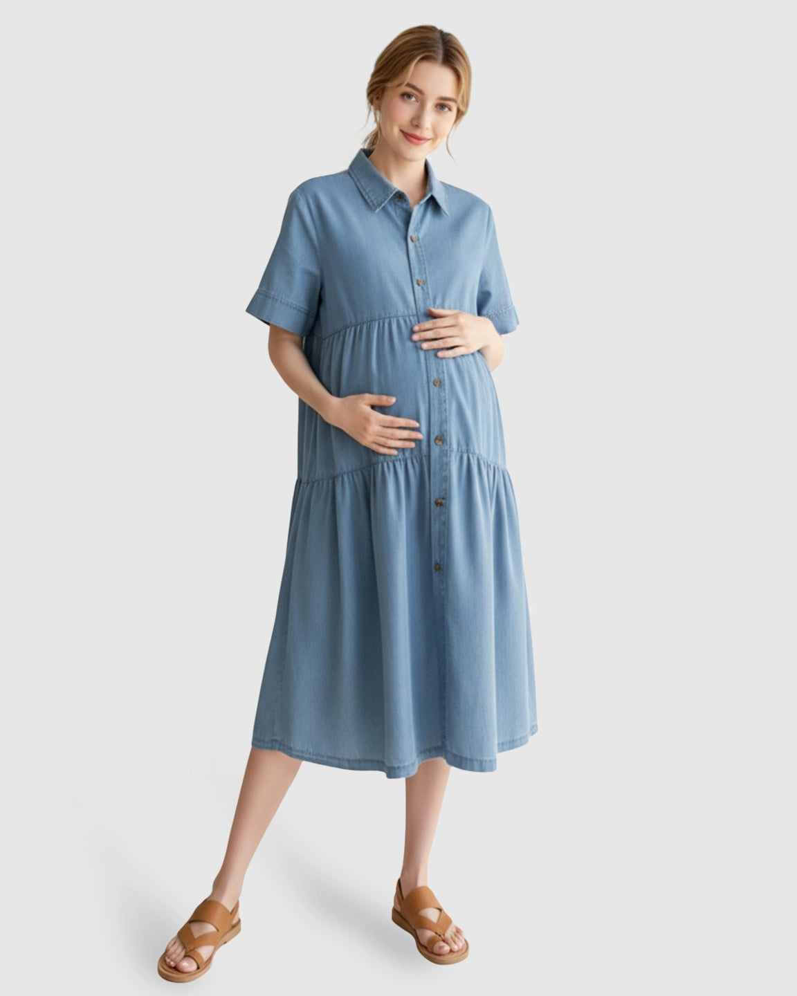 Tiered Denim Casual Maternity Midi Dress
