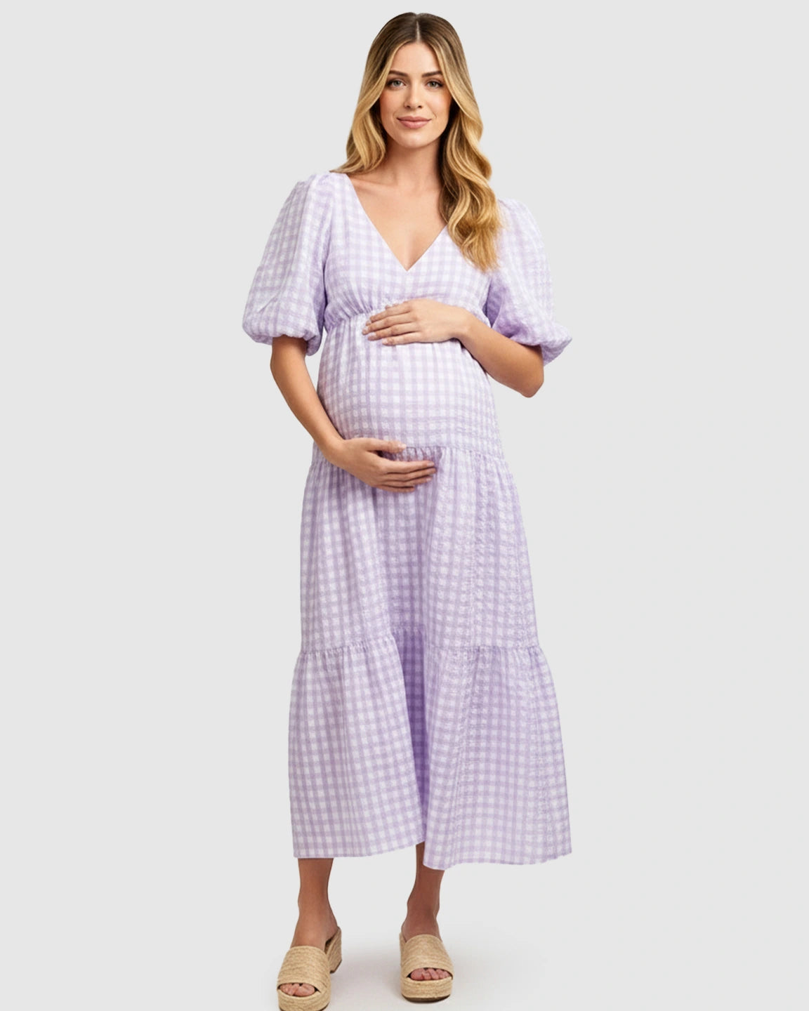 Puffed Sleeves Checkered Maternity Maxi Dress