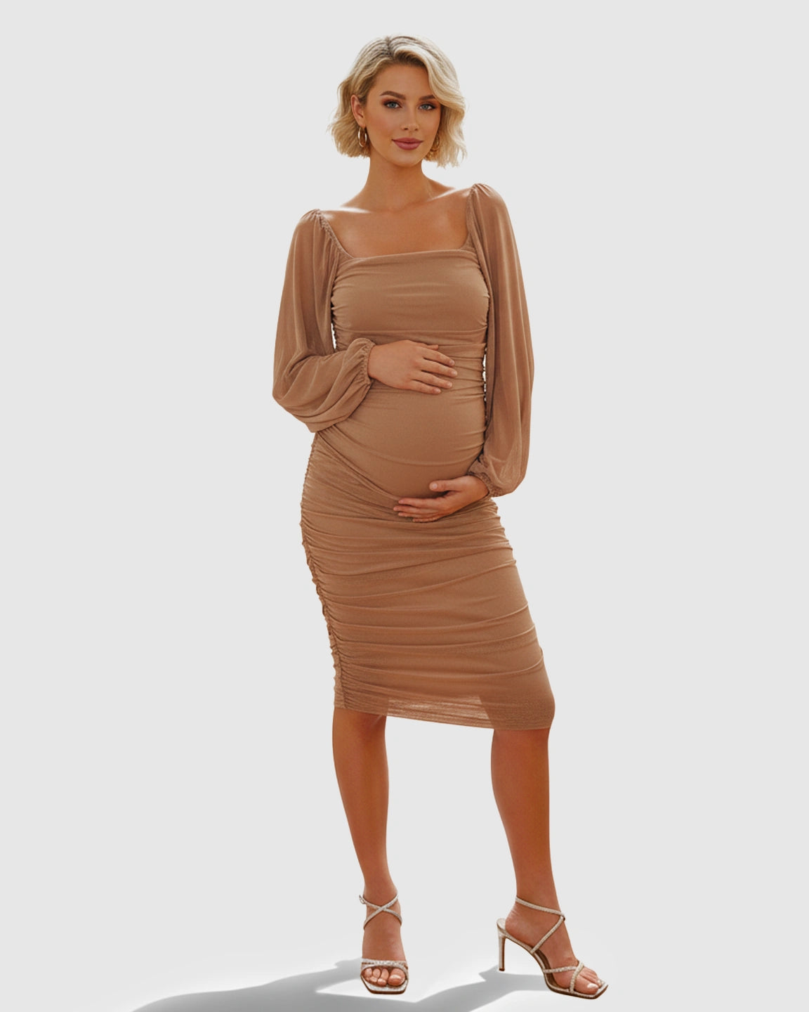 Sheer Mesh Sleeves Pleated Maternity Midi Dress