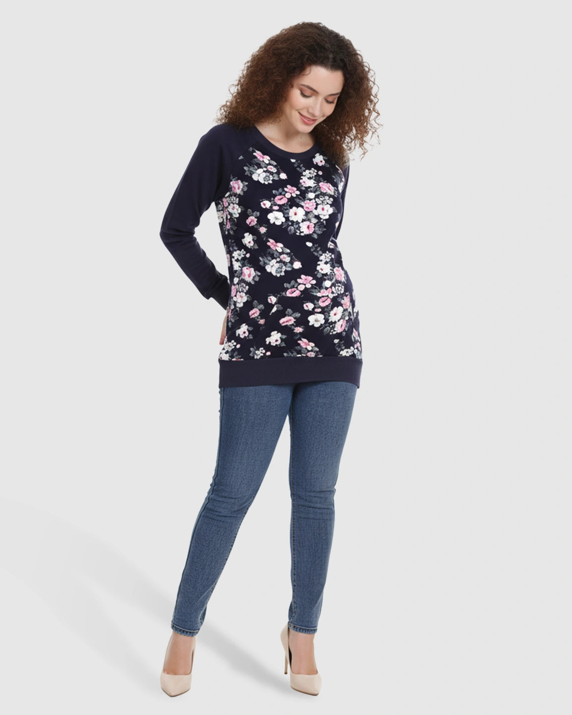 Crew Neck Floral Print Loose Fit Nursing Sweatshirt