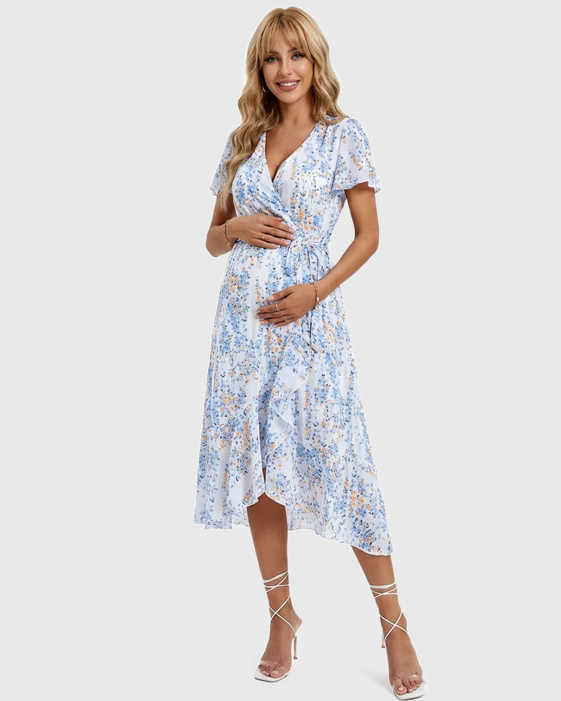 Tie Waist Floral Print Maternity Midi Dress