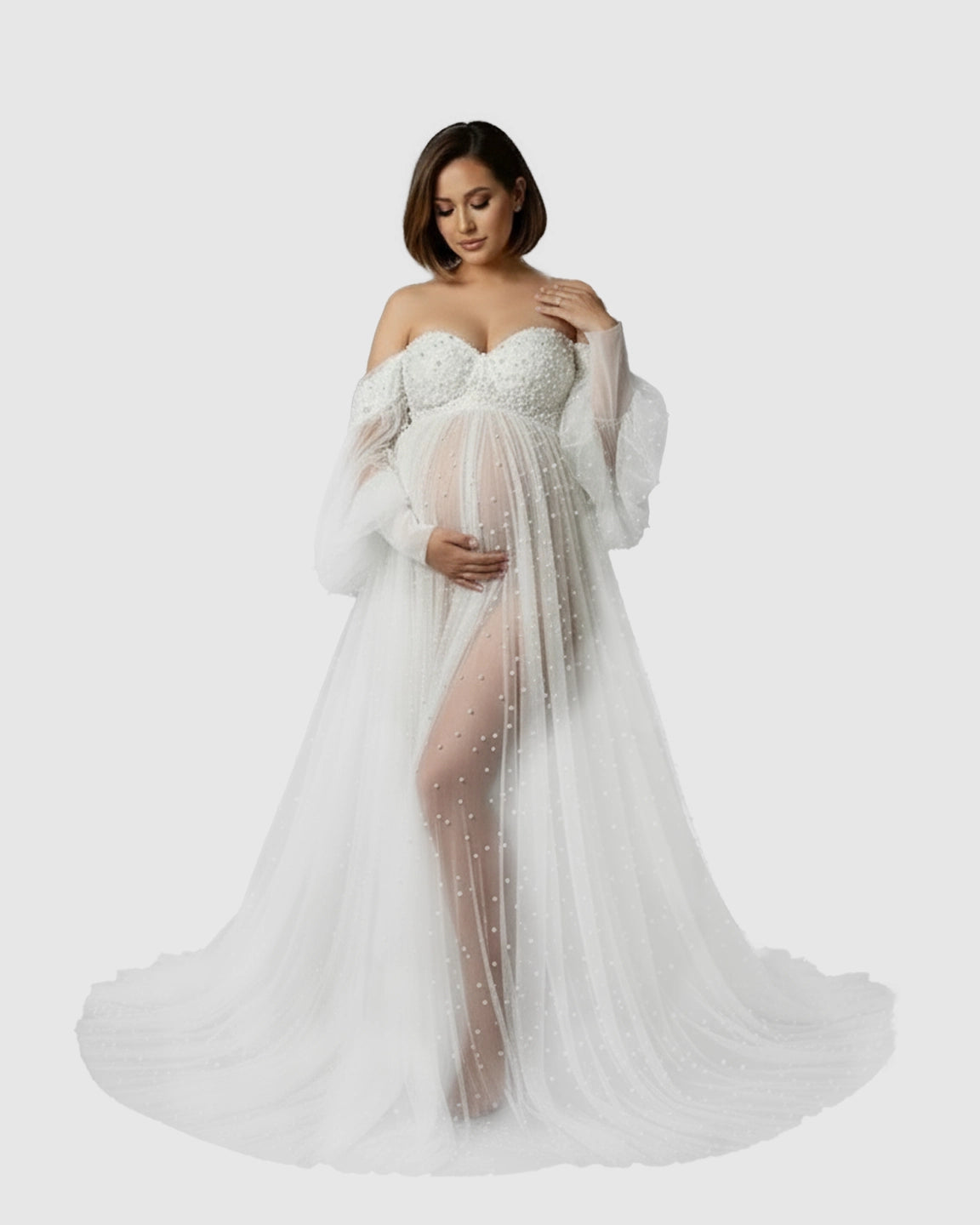 Puff Sleeve Voluminous Skirt Maternity Gown