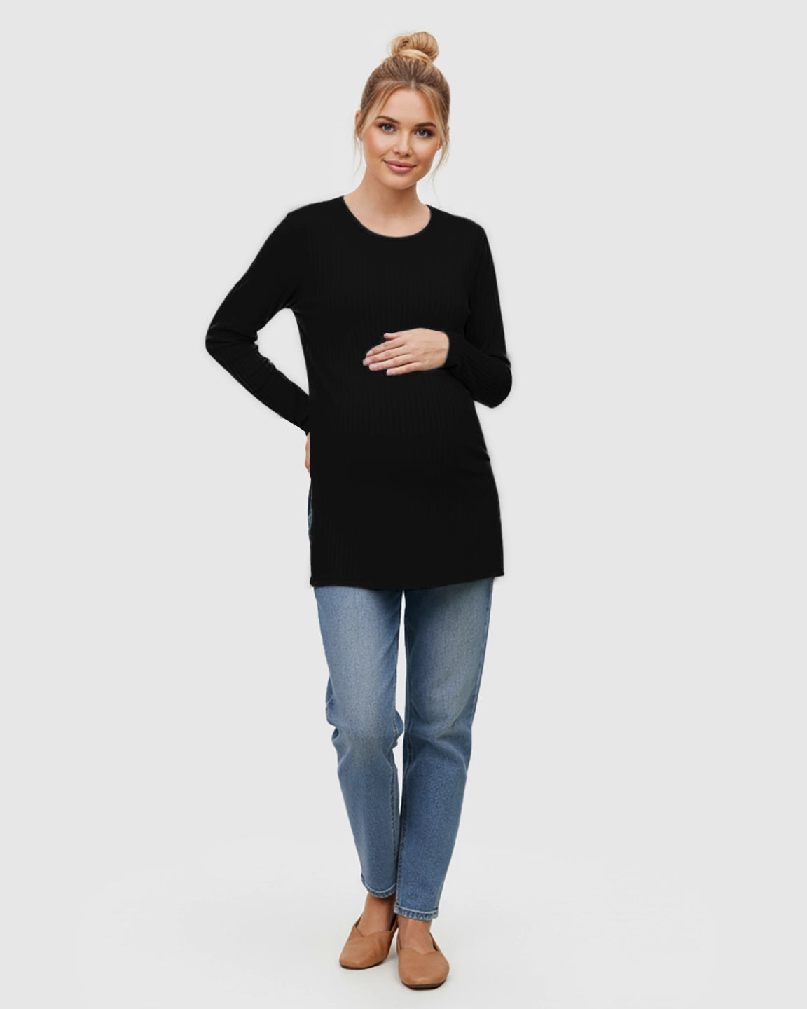 Ribbed Knit Long Sleeve Maternity Top with Side Slits