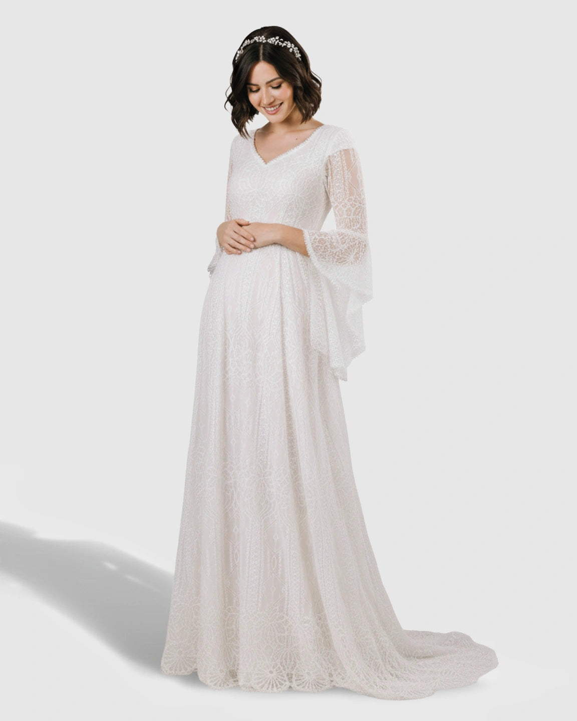 Lace Bell-Sleeve Floor-Length Maternity Gown