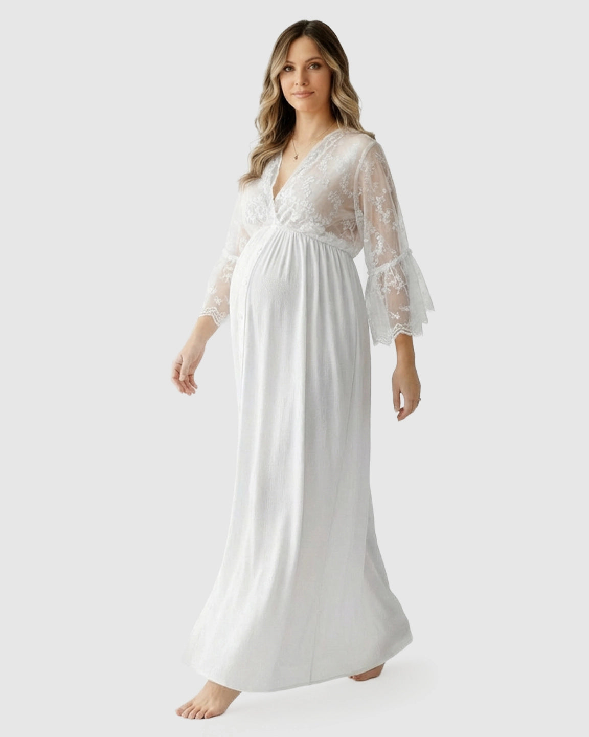 Lace Bell-Sleeve V-Neck Maternity Gown