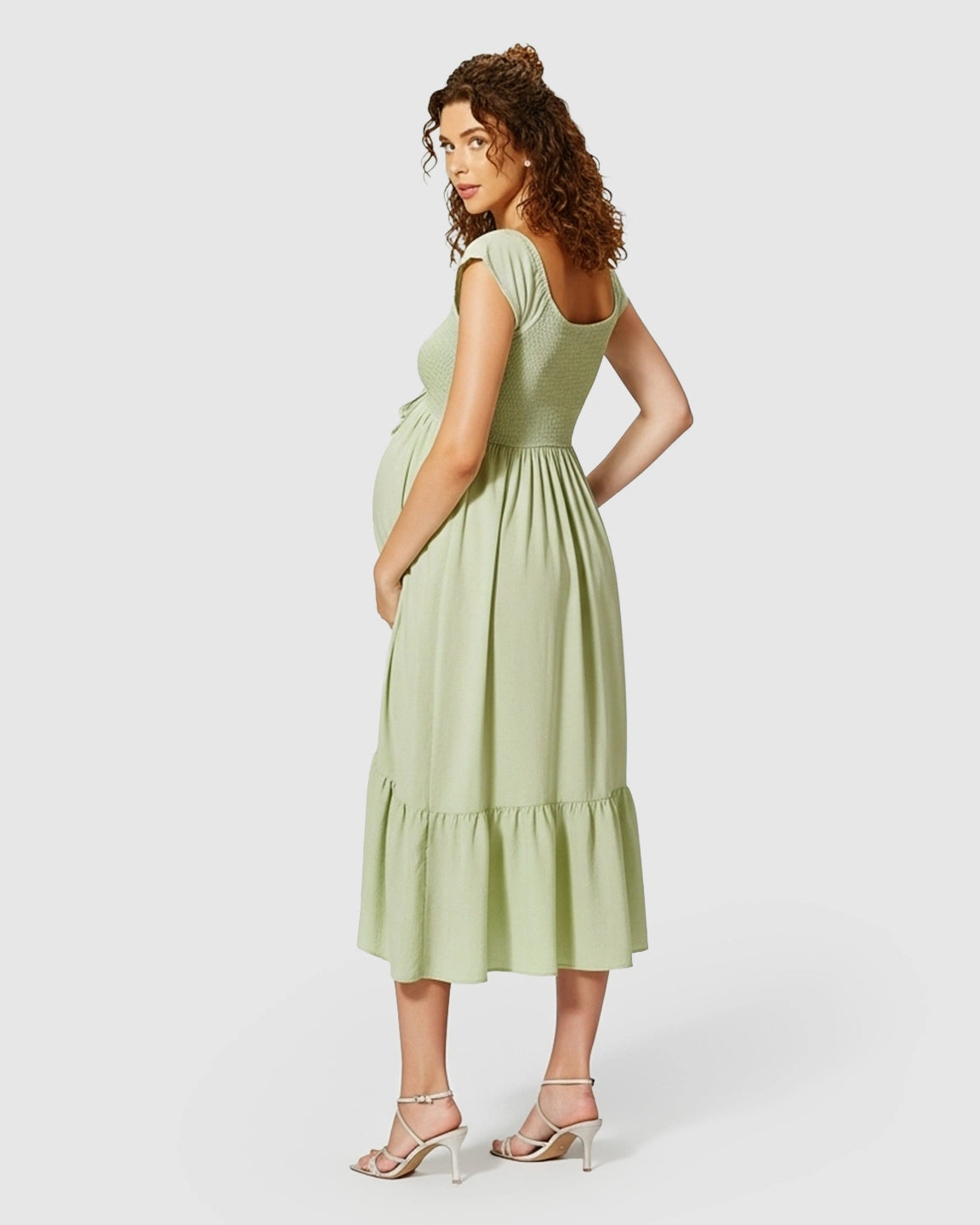 Smocked-Bodice Flowy Maternity Midi Dress