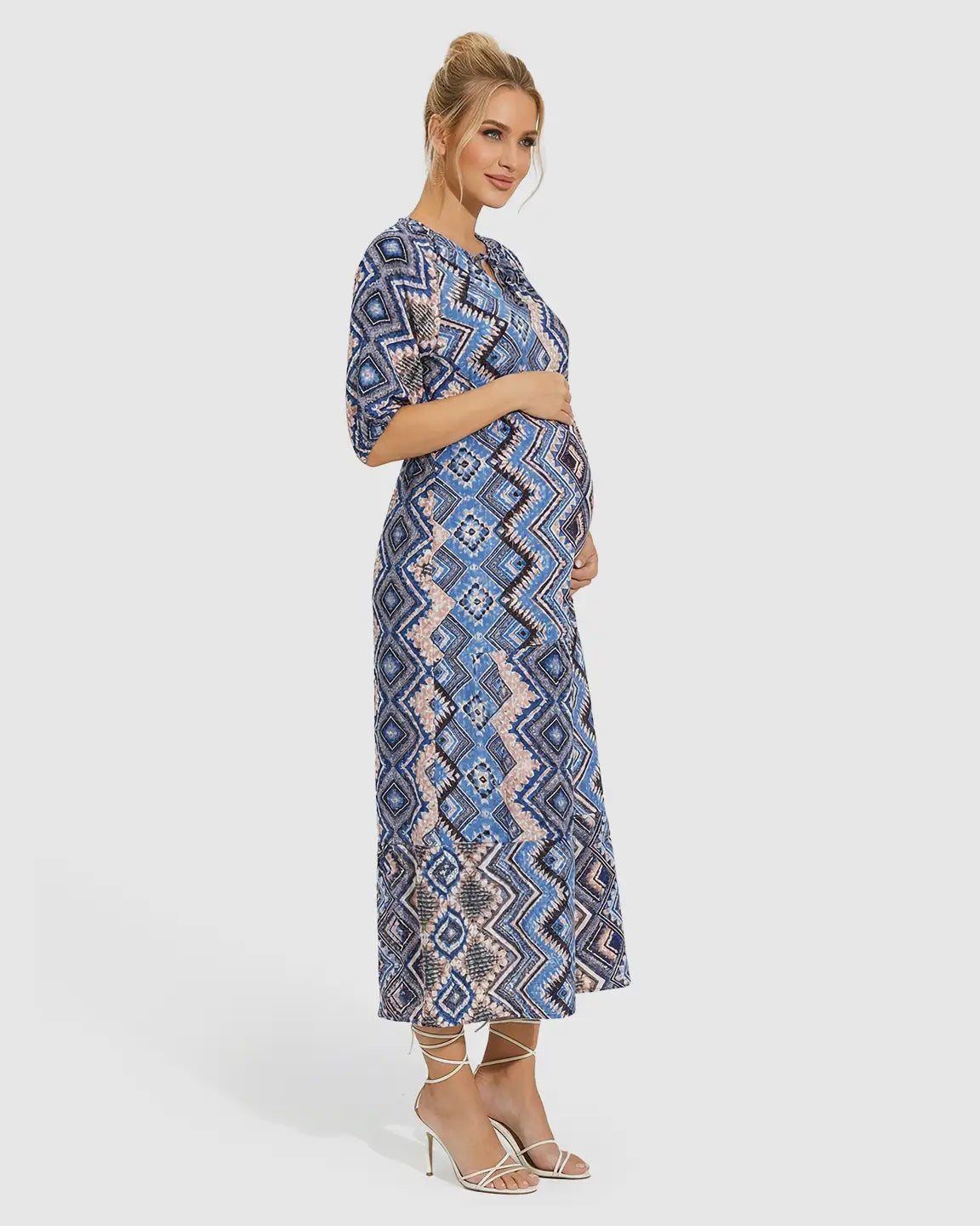 V-Neck Boho Print Maternity Midi Dress
