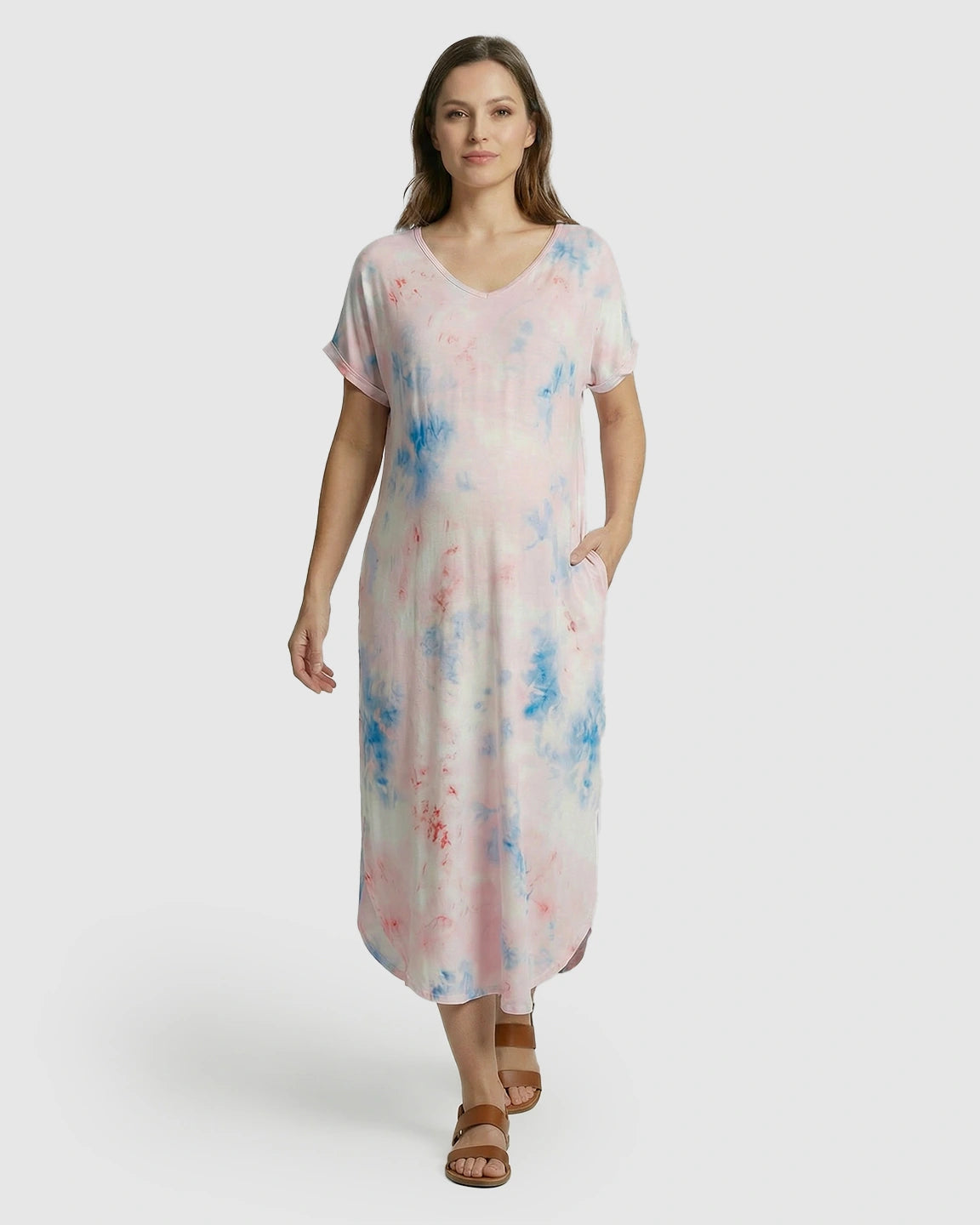 V-Neck Tie-Dye Maternity Midi Dress