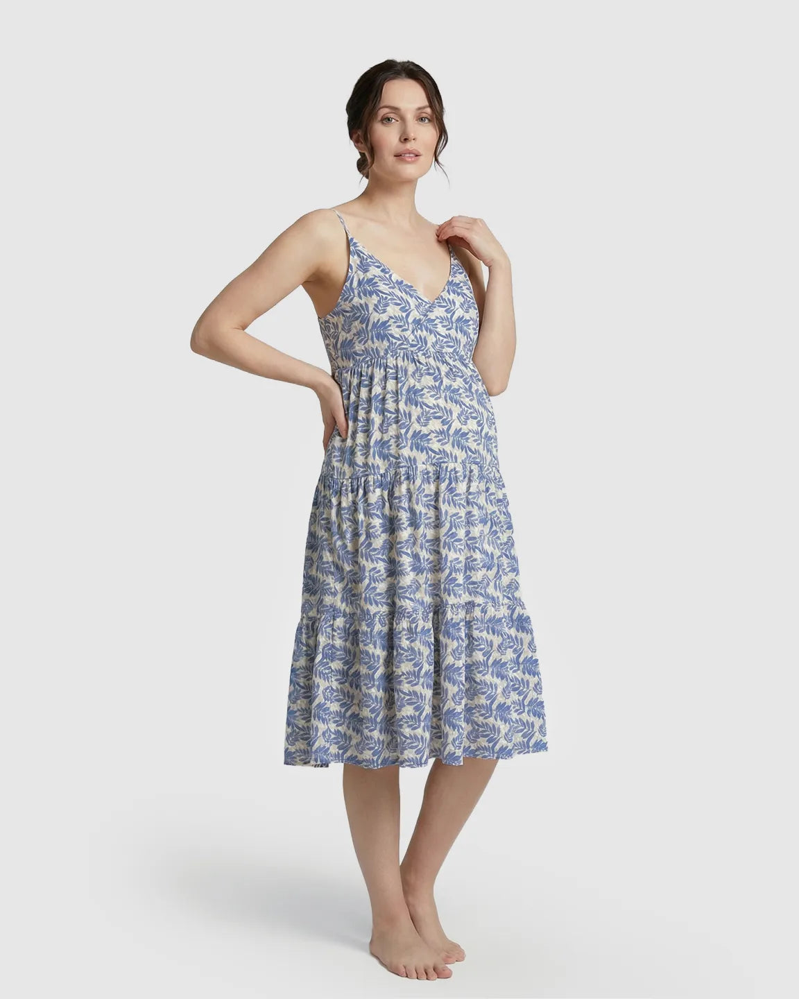 Adjustable-Strap Blue Leaves Print Maternity Nightdress
