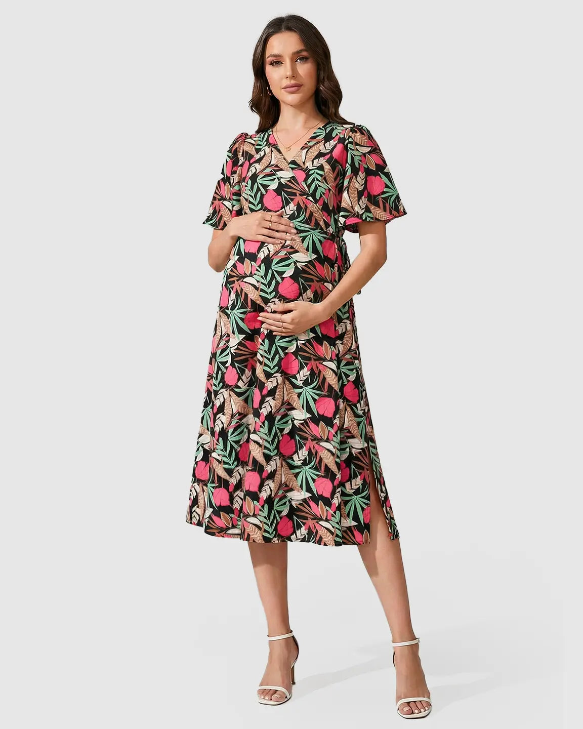 Tropical Print Tie-Waist Flowy Maternity Midi Dress