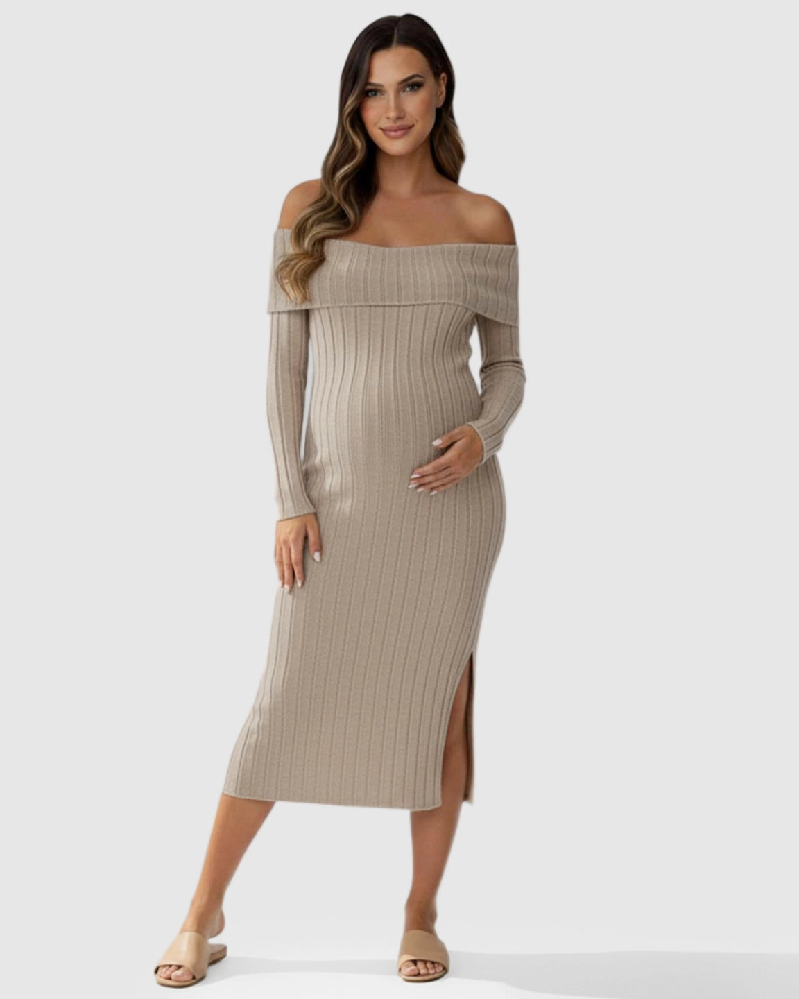 Ribbed Off-Shoulder Bodycon Maternity Midi Dress with Side Slit