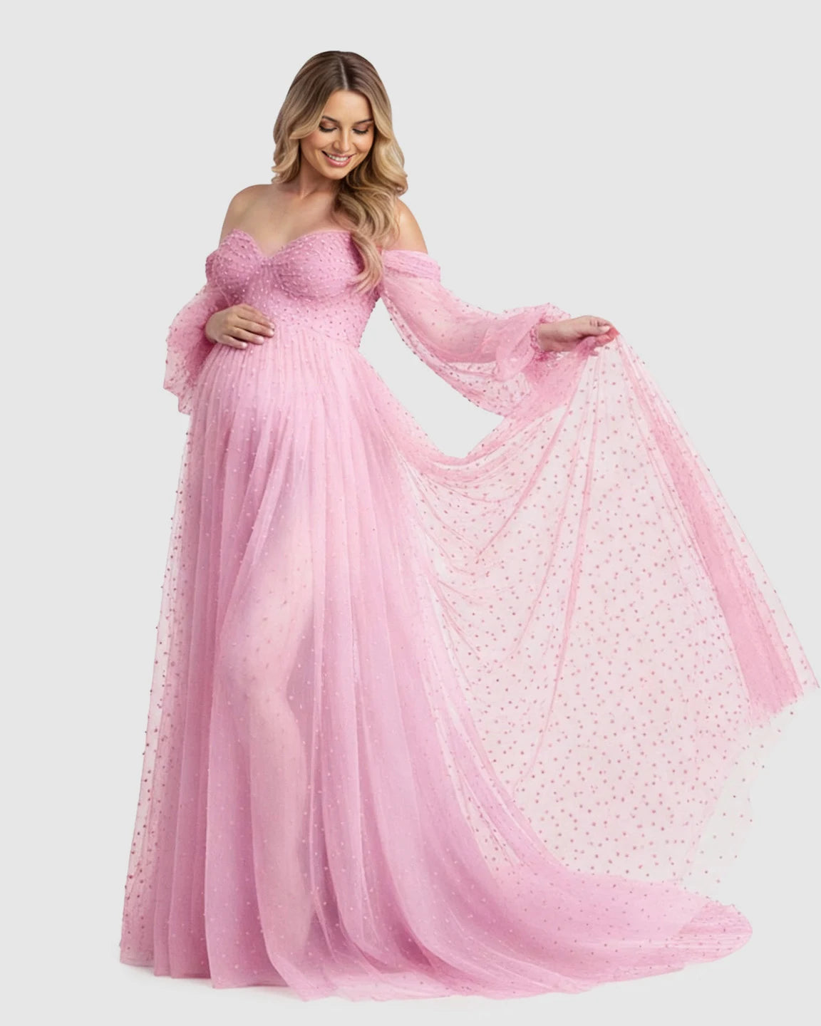 Off-Shoulder Tulle Train Maternity Gown