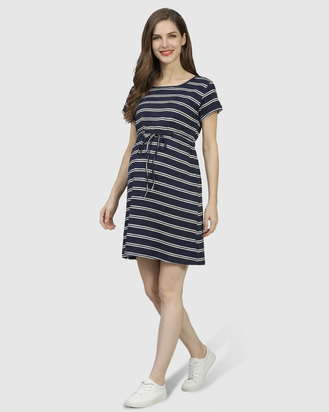 Nautical Striped Drawstring Waist Maternity Dress