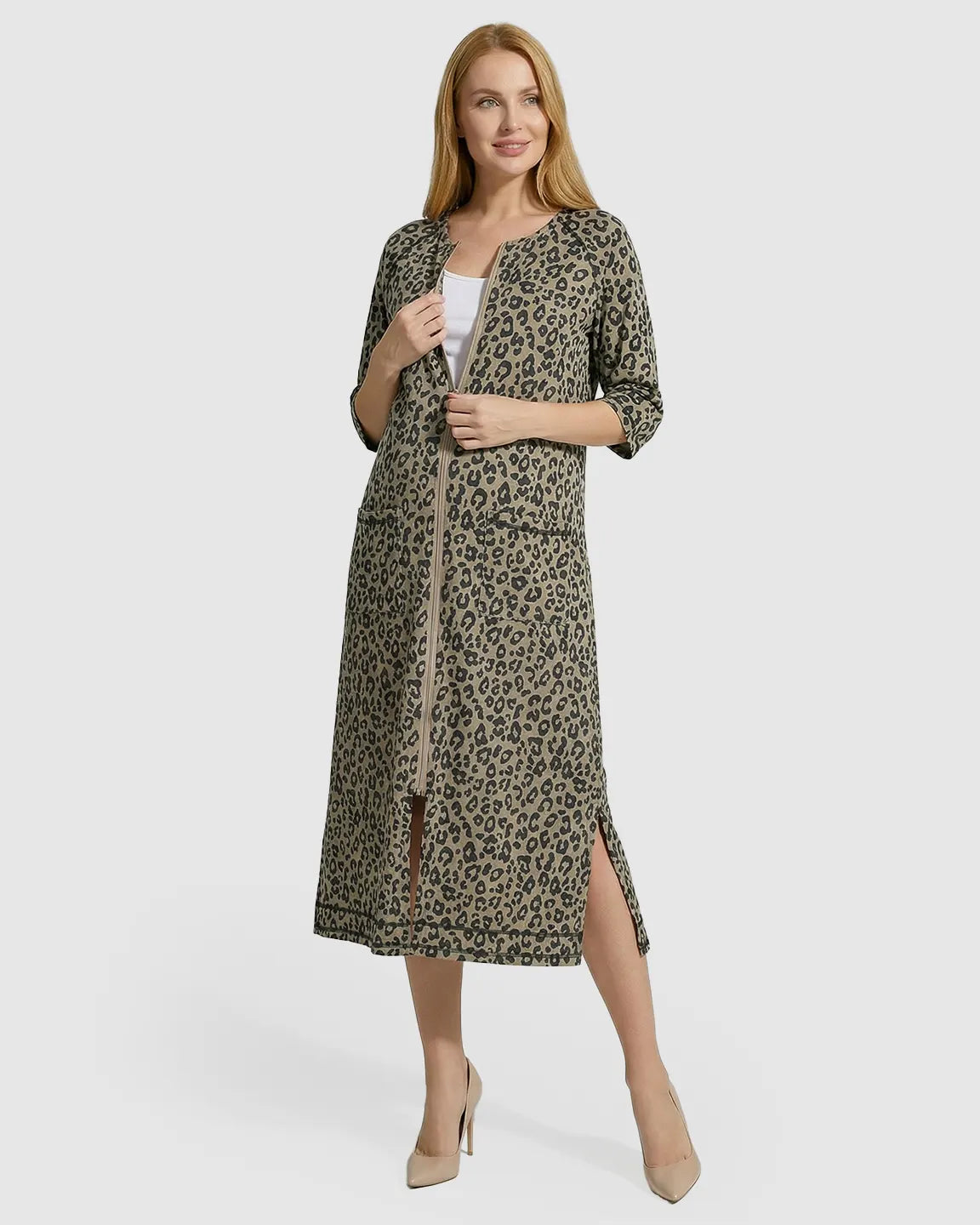 Front Zipper Leopard Print Maternity Nursing Lounge Dress