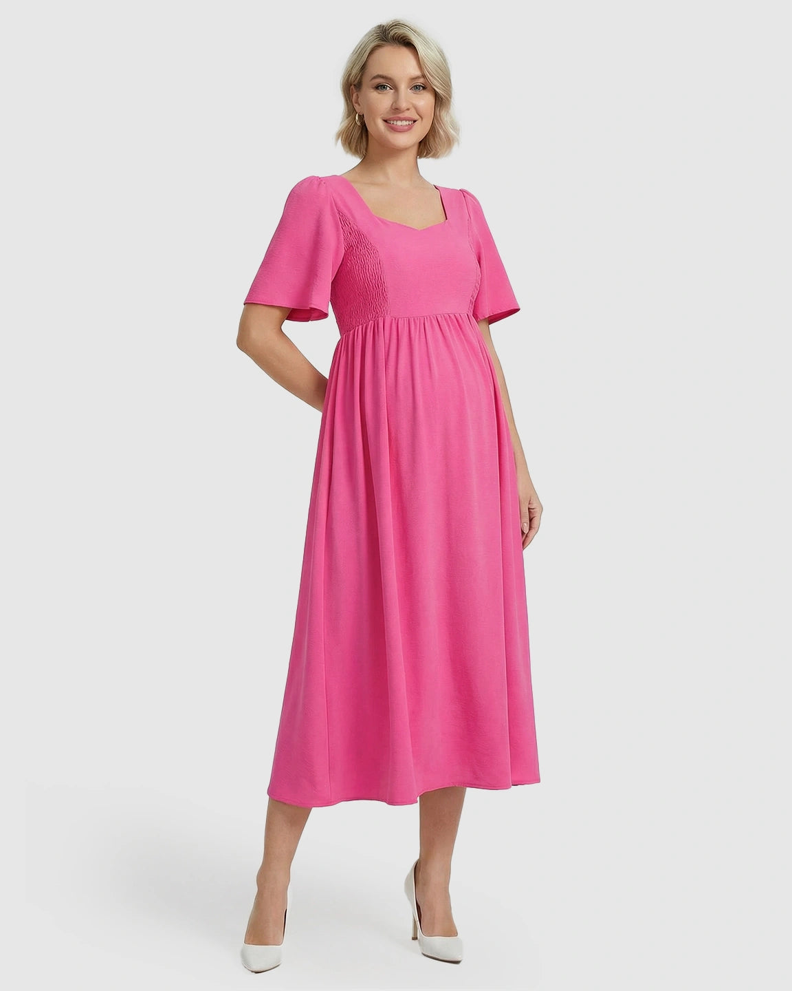 Shirred Ruffle Sleeve Swing Maternity Midi Dress