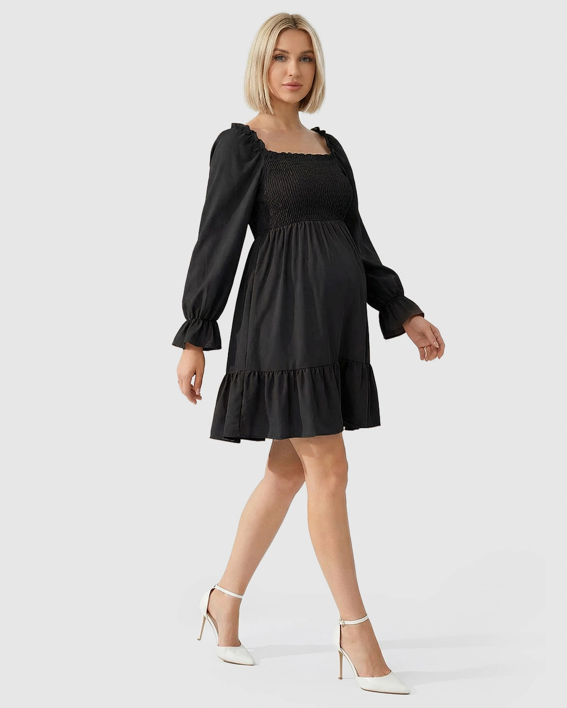 Flared Sleeve Smocked Babydoll Maternity Dress