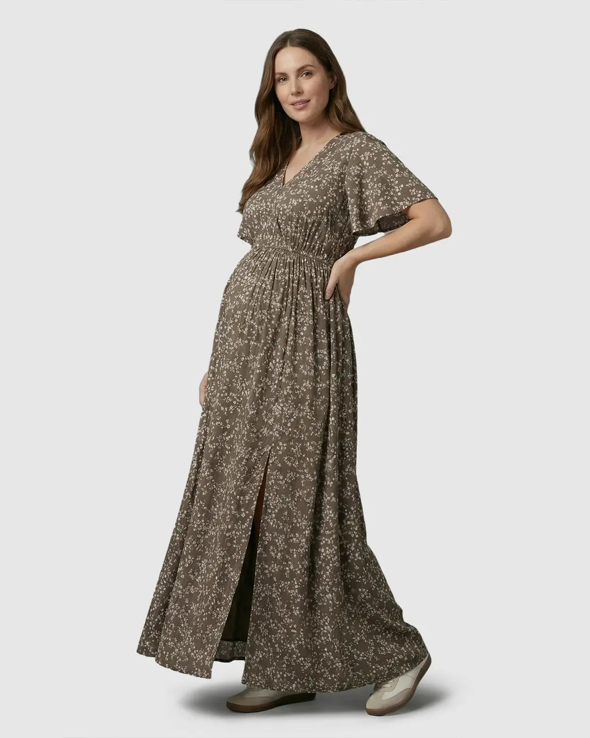 Cinched Waist Bohemian Floral Maternity Maxi Dress