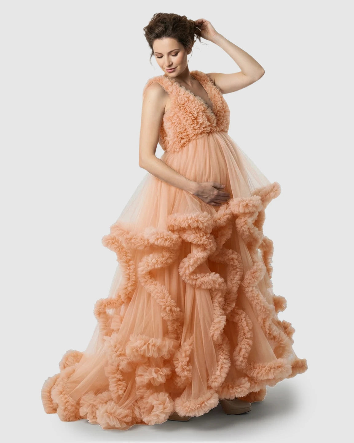 Ruffled Bodice Multi-Layer Mesh Pleats Maternity Gown