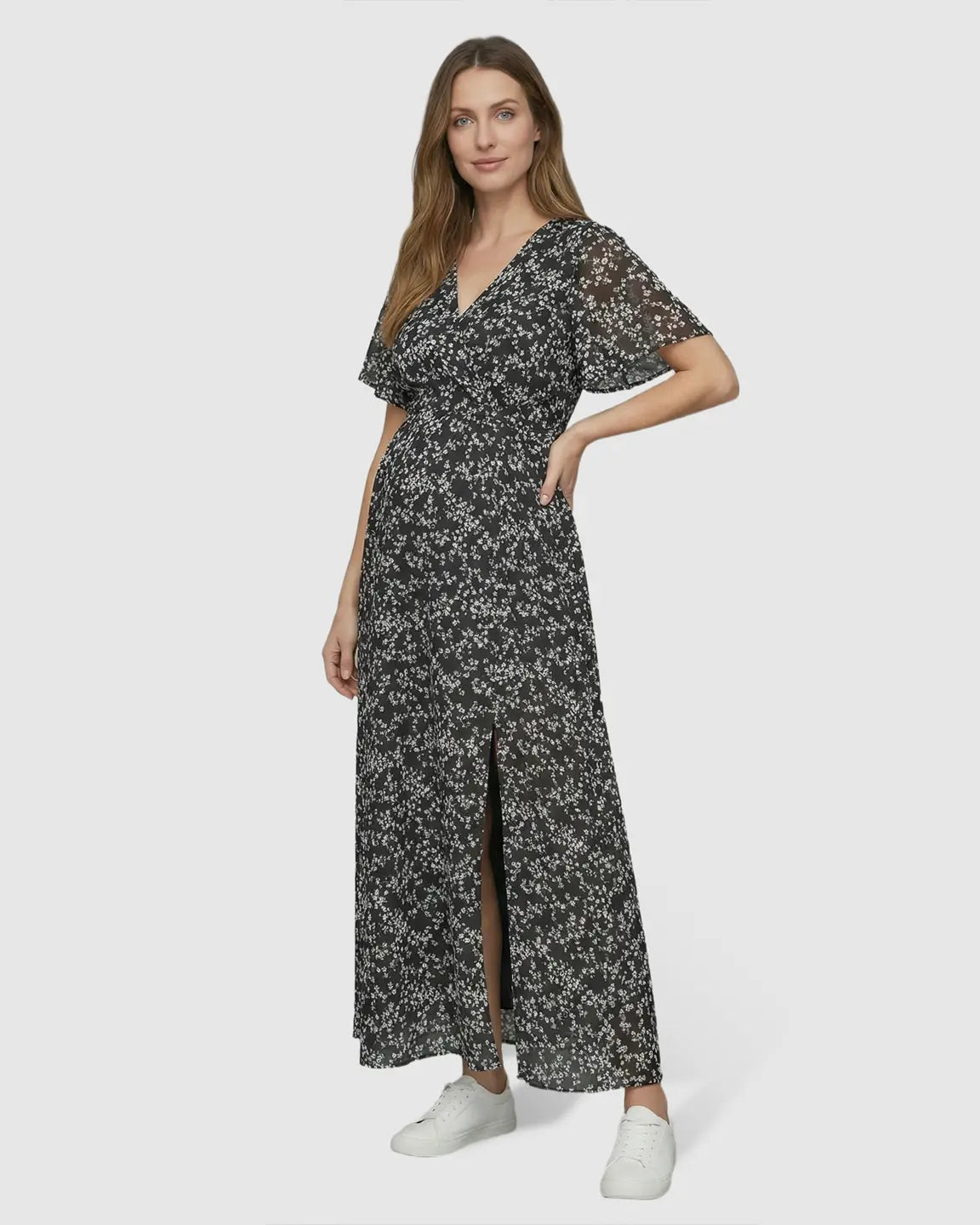 Cinched Waist Bohemian Style Maternity Maxi Dress