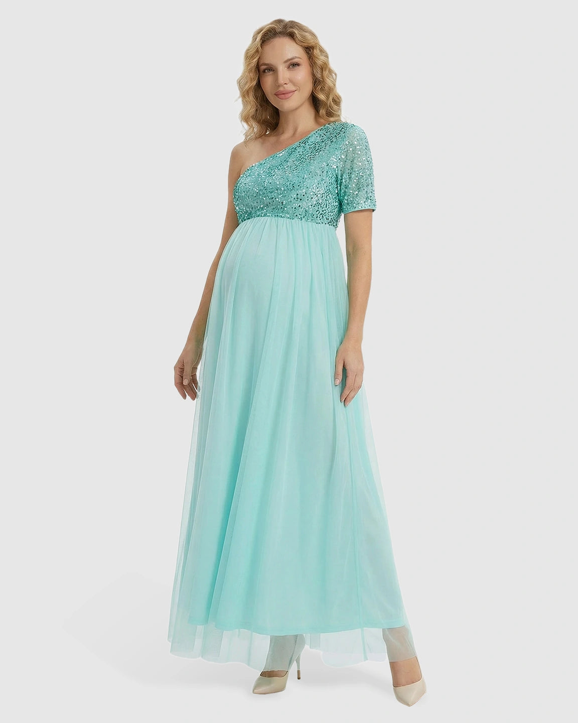 Sequin One-Shoulder Flowy Maternity Maxi Dress