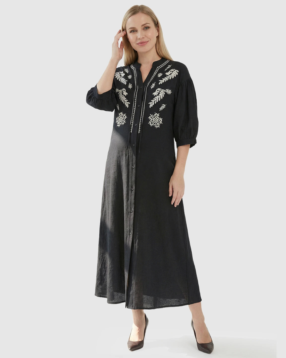 Embroidered Mandarin Collar Loose Maternity Midi Dress