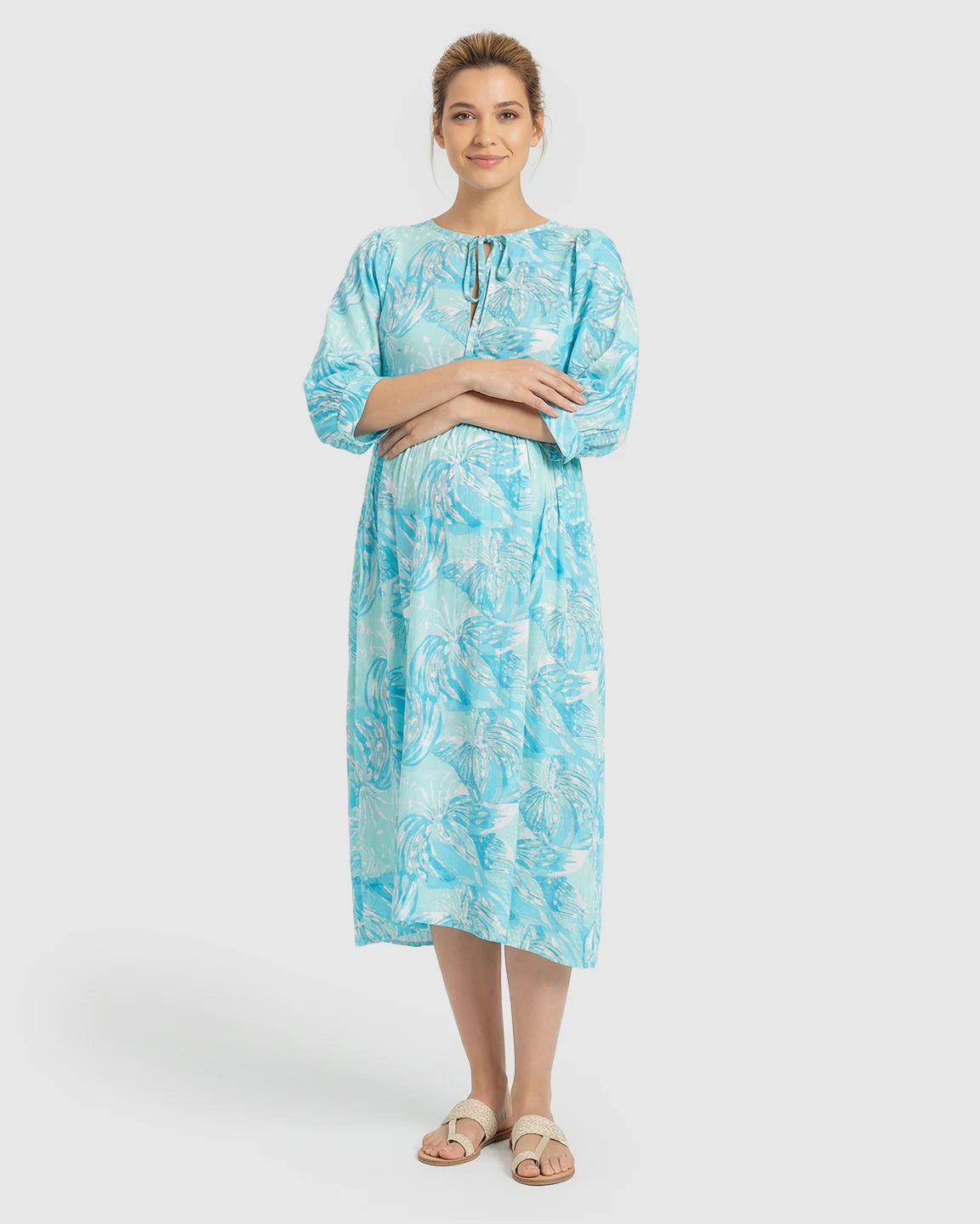 Drawstring Keyhole Neck Floral Maternity Midi Dress