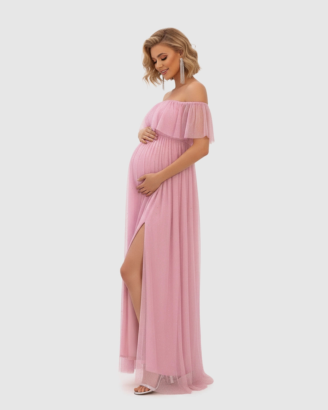 Off-Shoulder Mesh Empire Waist Maternity Maxi Dress