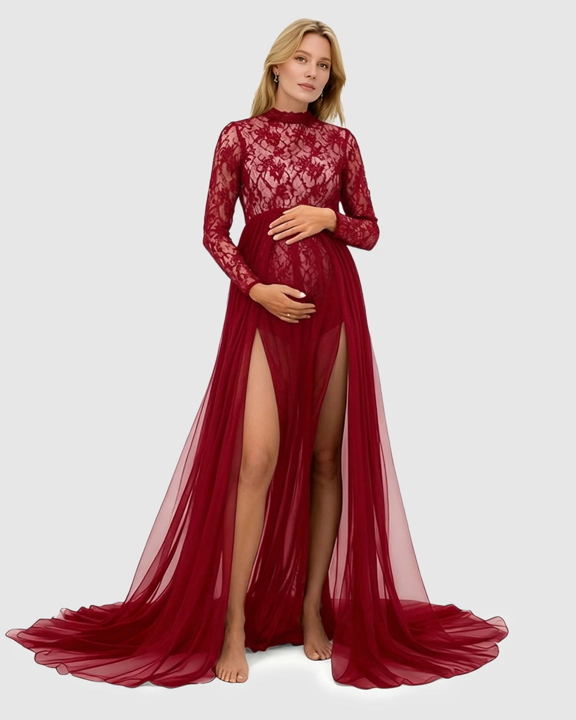 Sheer Lace Double Slit Maternity Photoshoot Gown