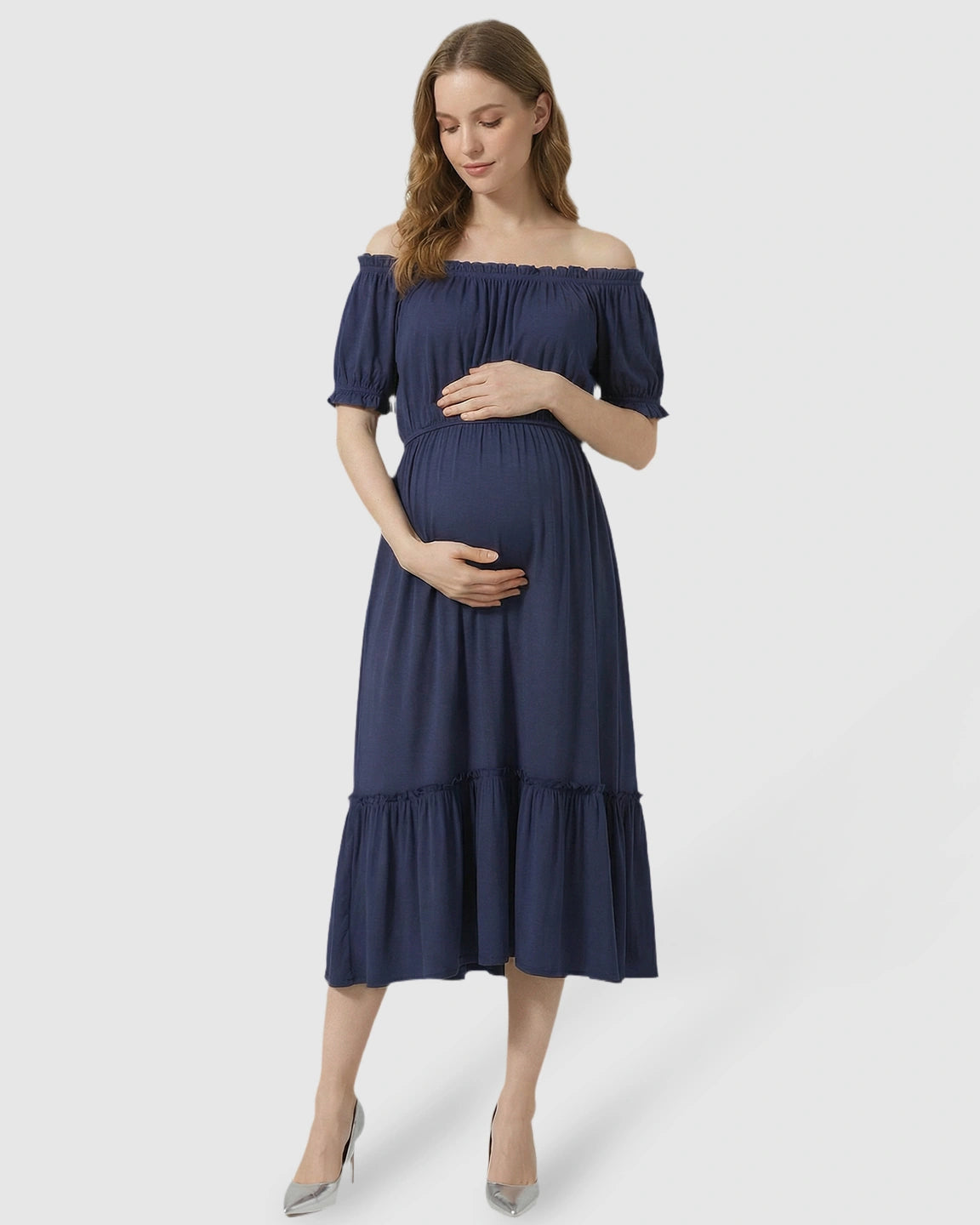 Ruched Off-Shoulder Maternity Midi Dress