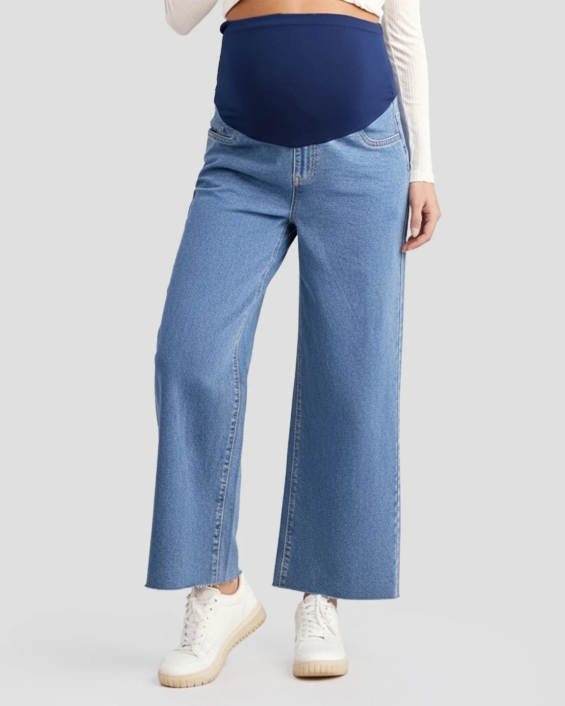 Raw Hem Loose Straight-Leg Maternity Jeans with Tummy Support