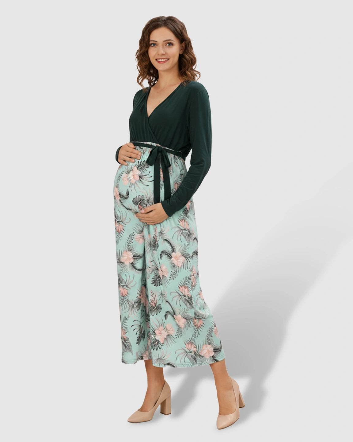 Long-Sleeve V-Neck Floral Maternity Midi Dress