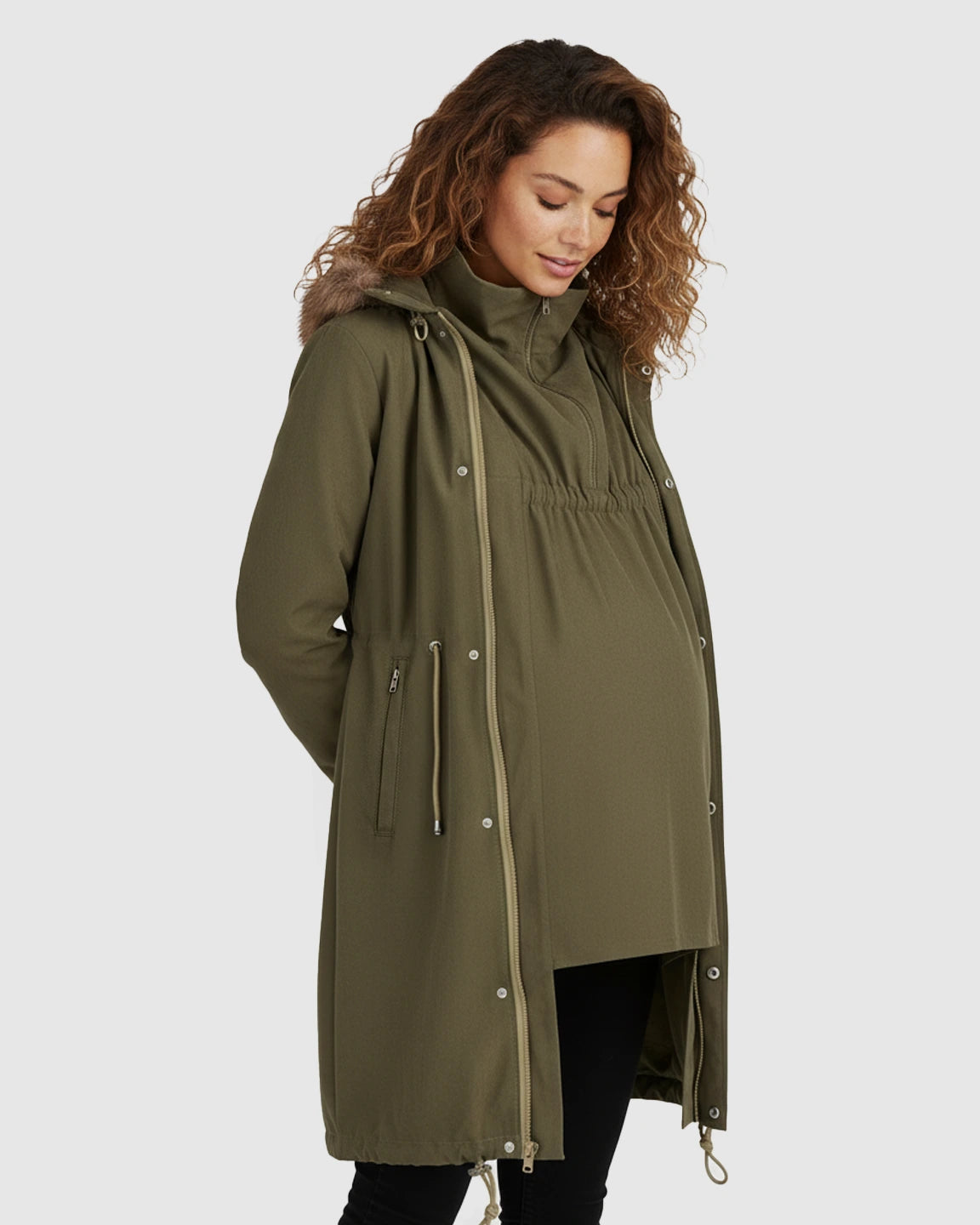 Fur Collar Hooded Long Maternity Jacket