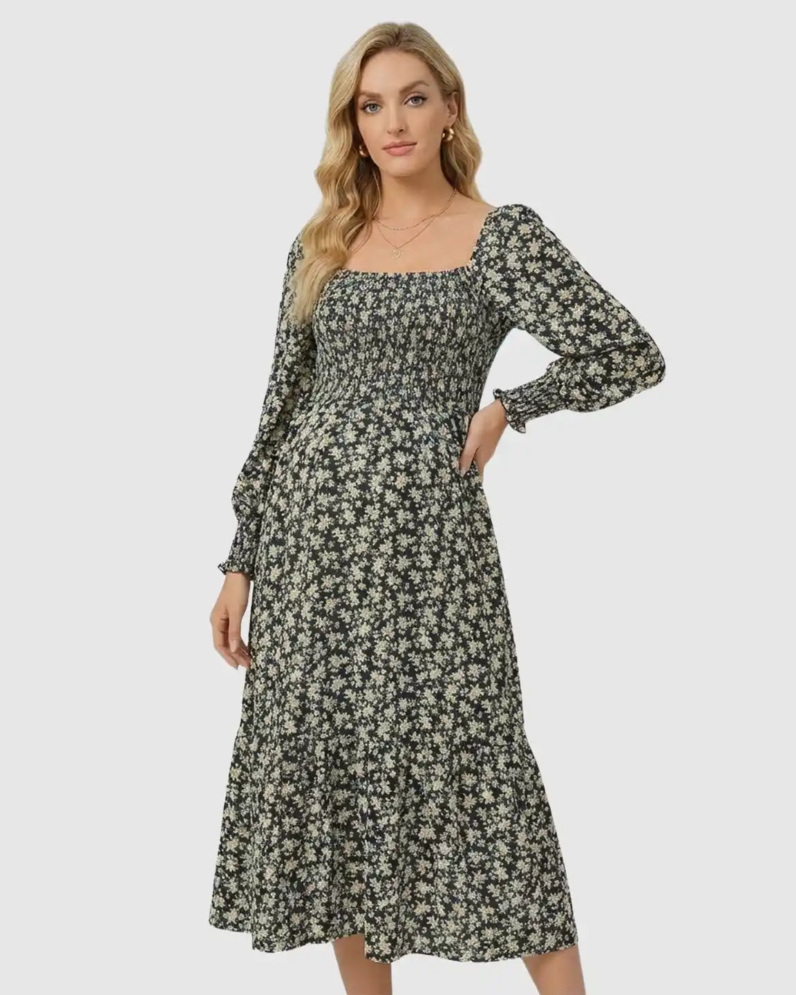 Smocked Long-Sleeve Maternity Midi Dress