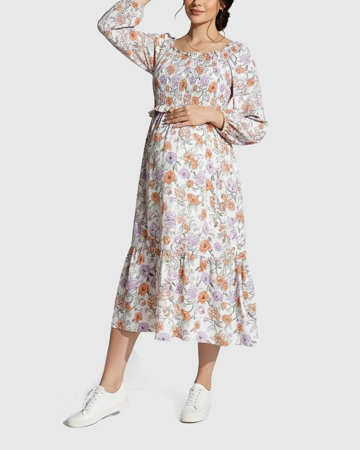 Floral Print Smocked Bodice Maternity Midi Dress