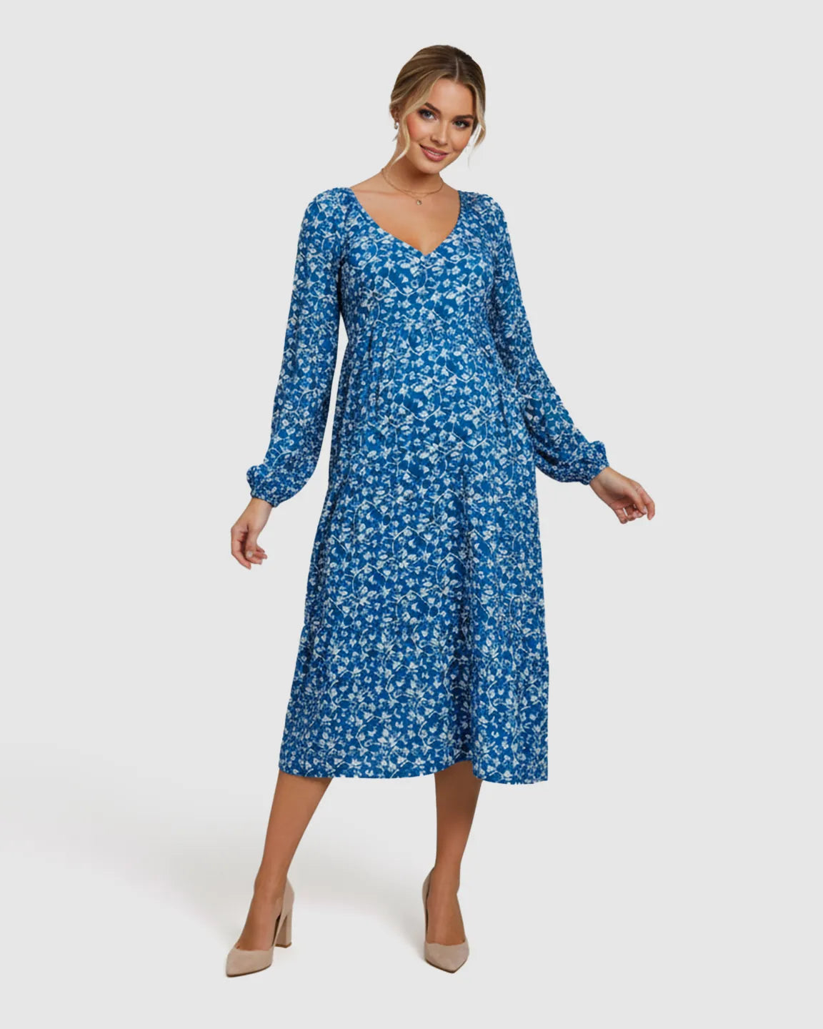 Balloon-Sleeve A-Line Maternity Dress