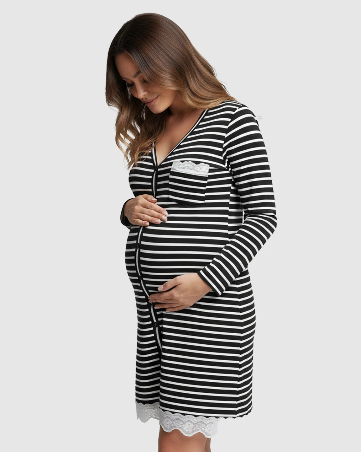 Striped Button Up Loose Fit Maternity Nightgown