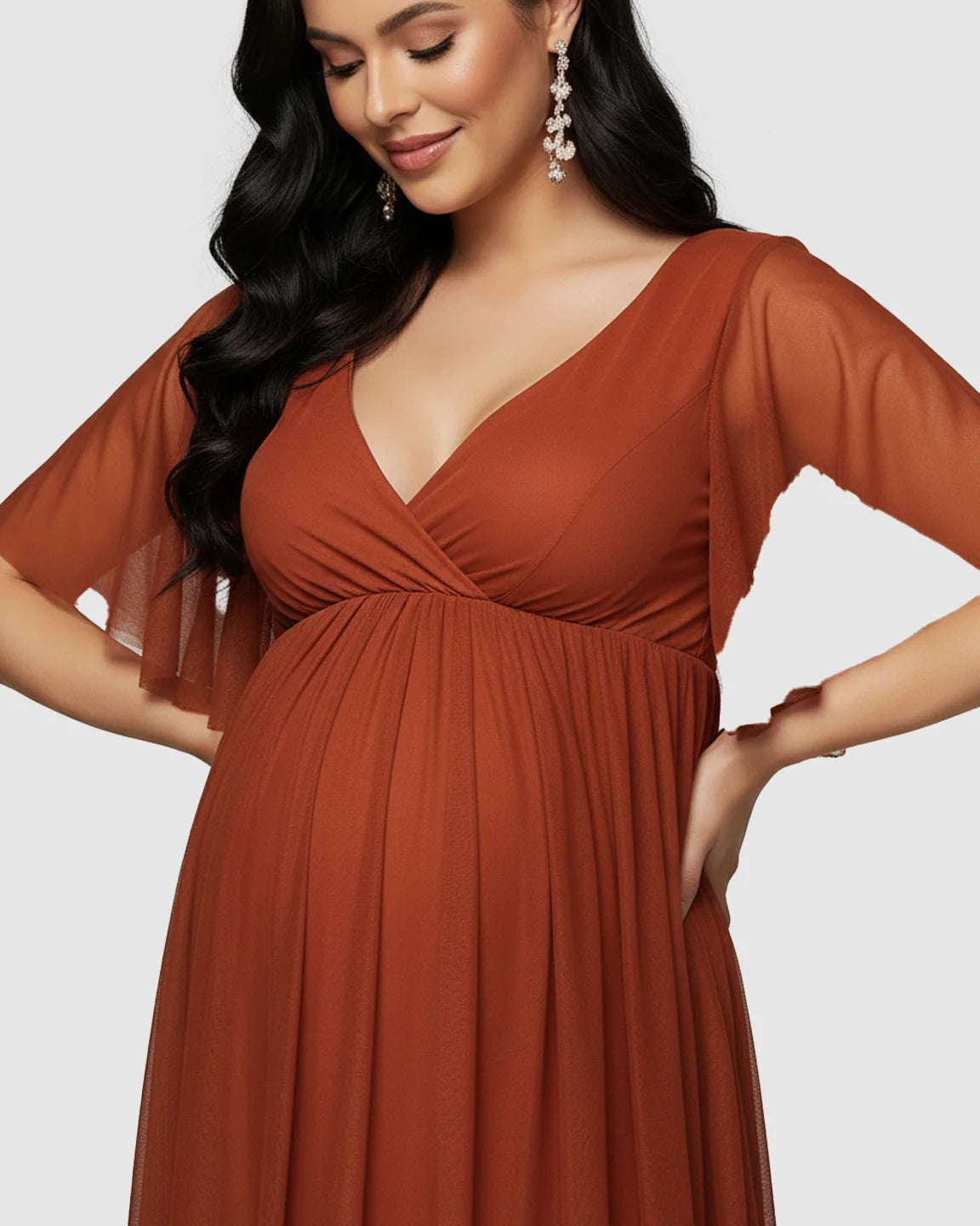 Flutter Sleeve V-Neck Chiffon Maternity Maxi Dress