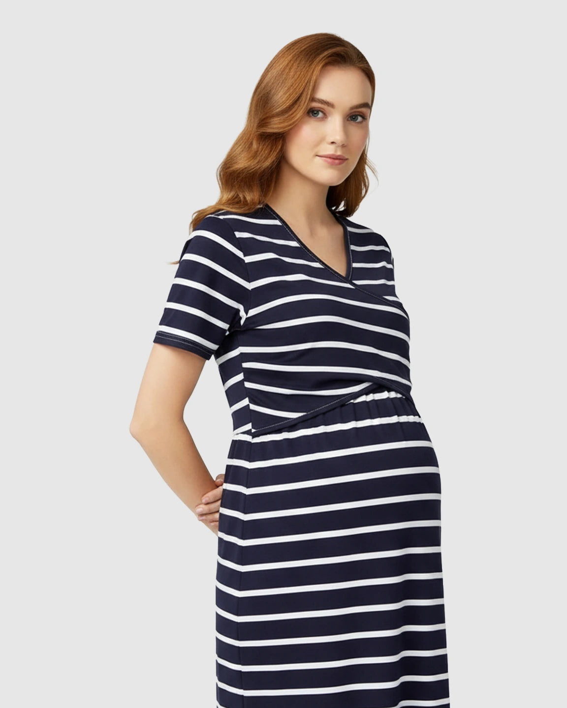 Striped-Crossover Fitted Nursing Maternity Midi Dress