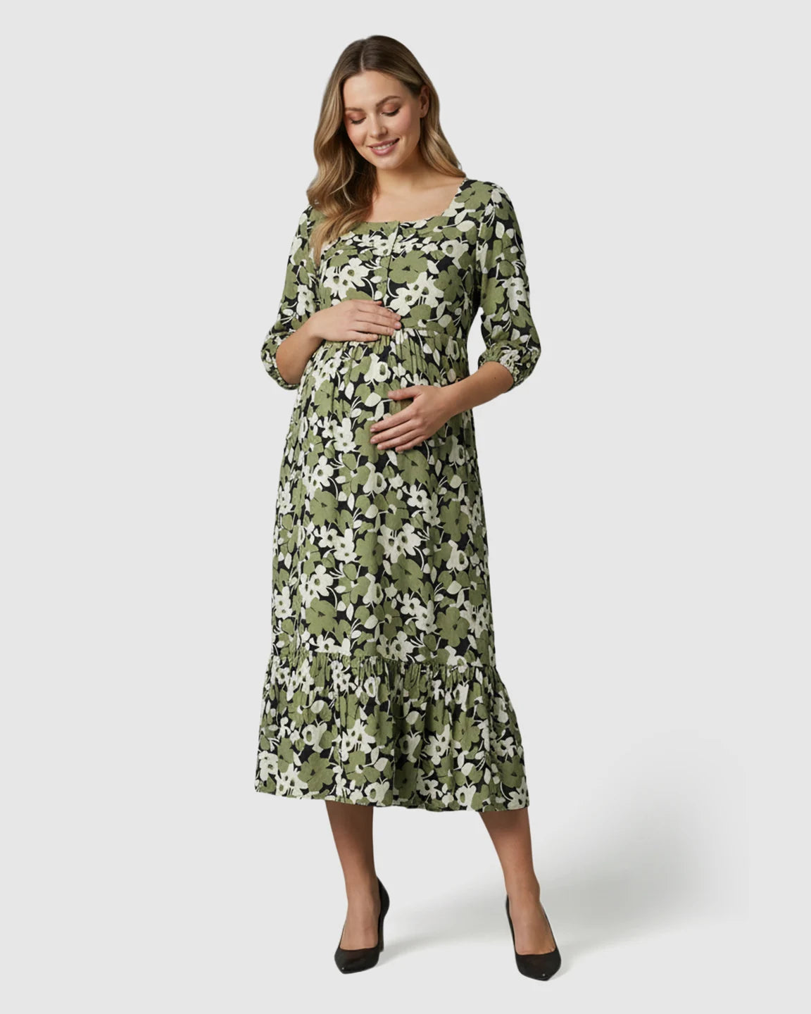 Button-Front Square Neck Maternity Midi Dress