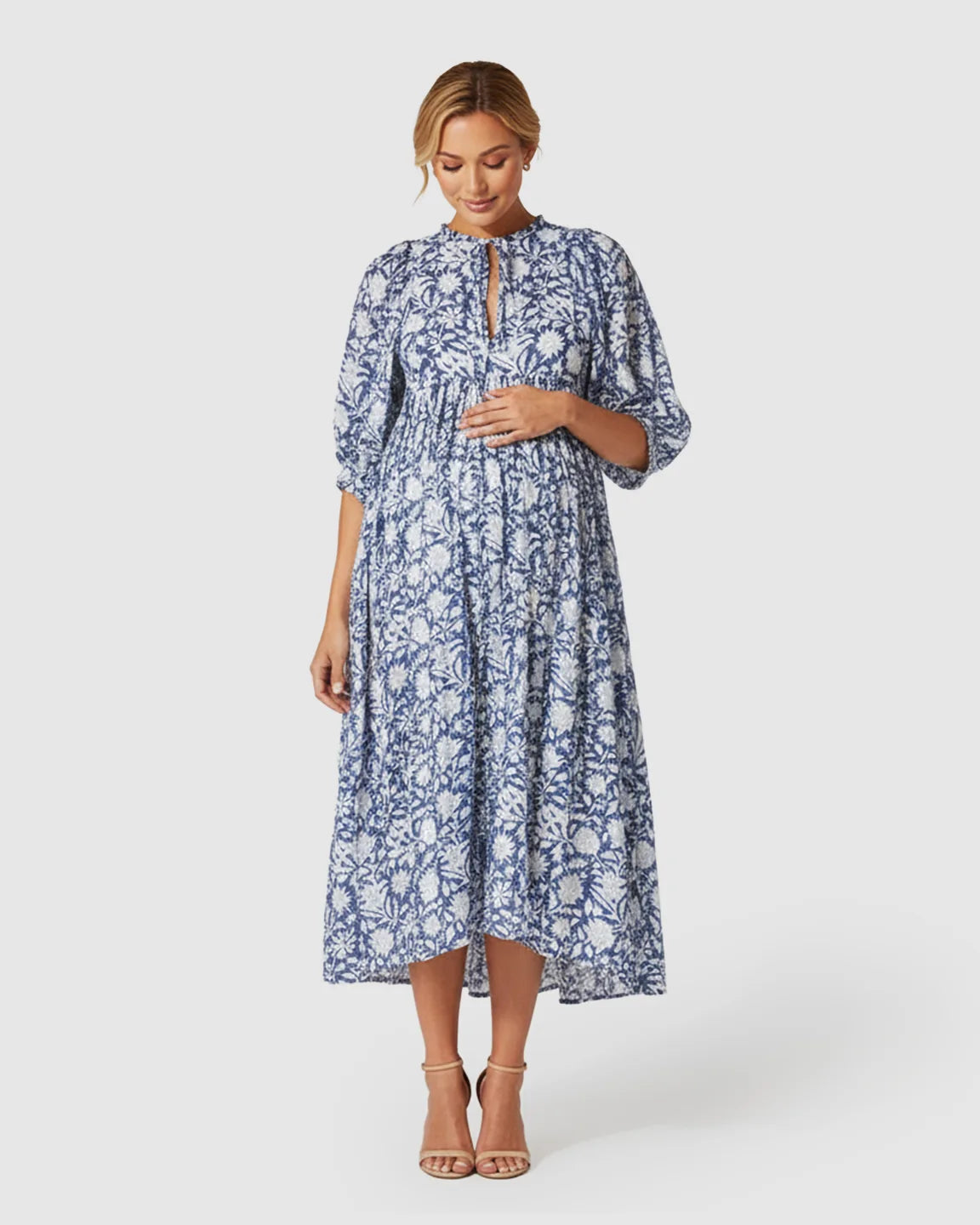 Gathered Shoulder Floral Loose Fit Maternity Midi Dress