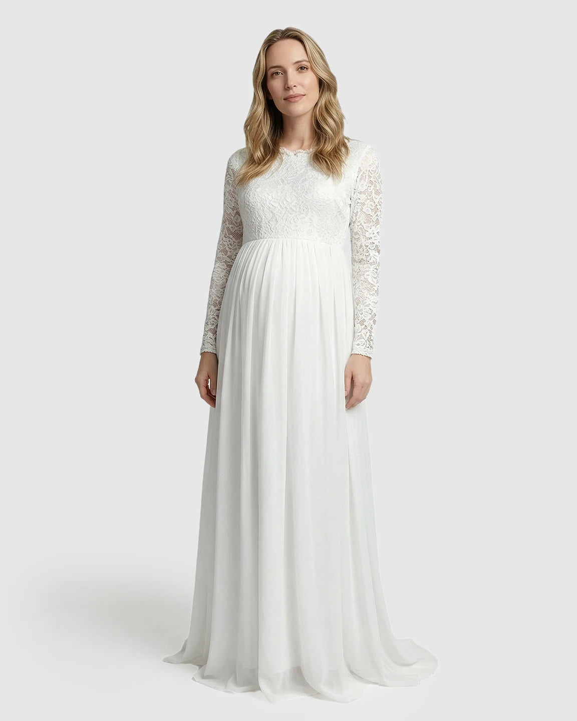 Lace Bodice Flowy Long-Sleeve Maternity Gown