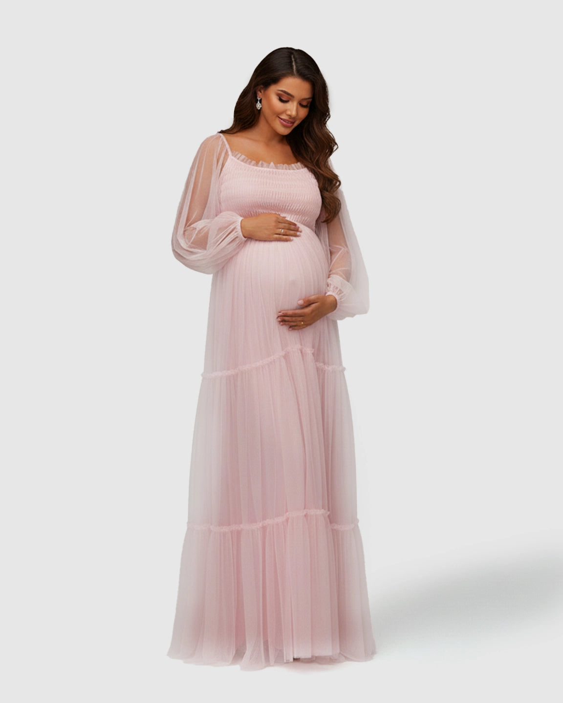 Lantern-Sleeve Tiered Tulle Maternity Photoshoot Gown