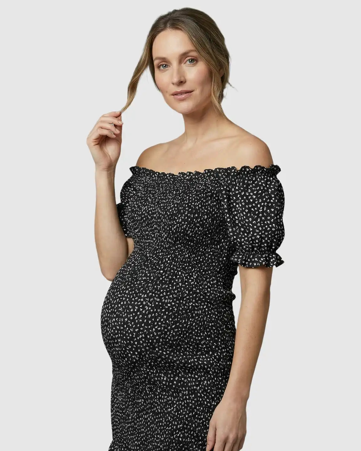 Fishtail Hem Smocked Maternity Midi Dress