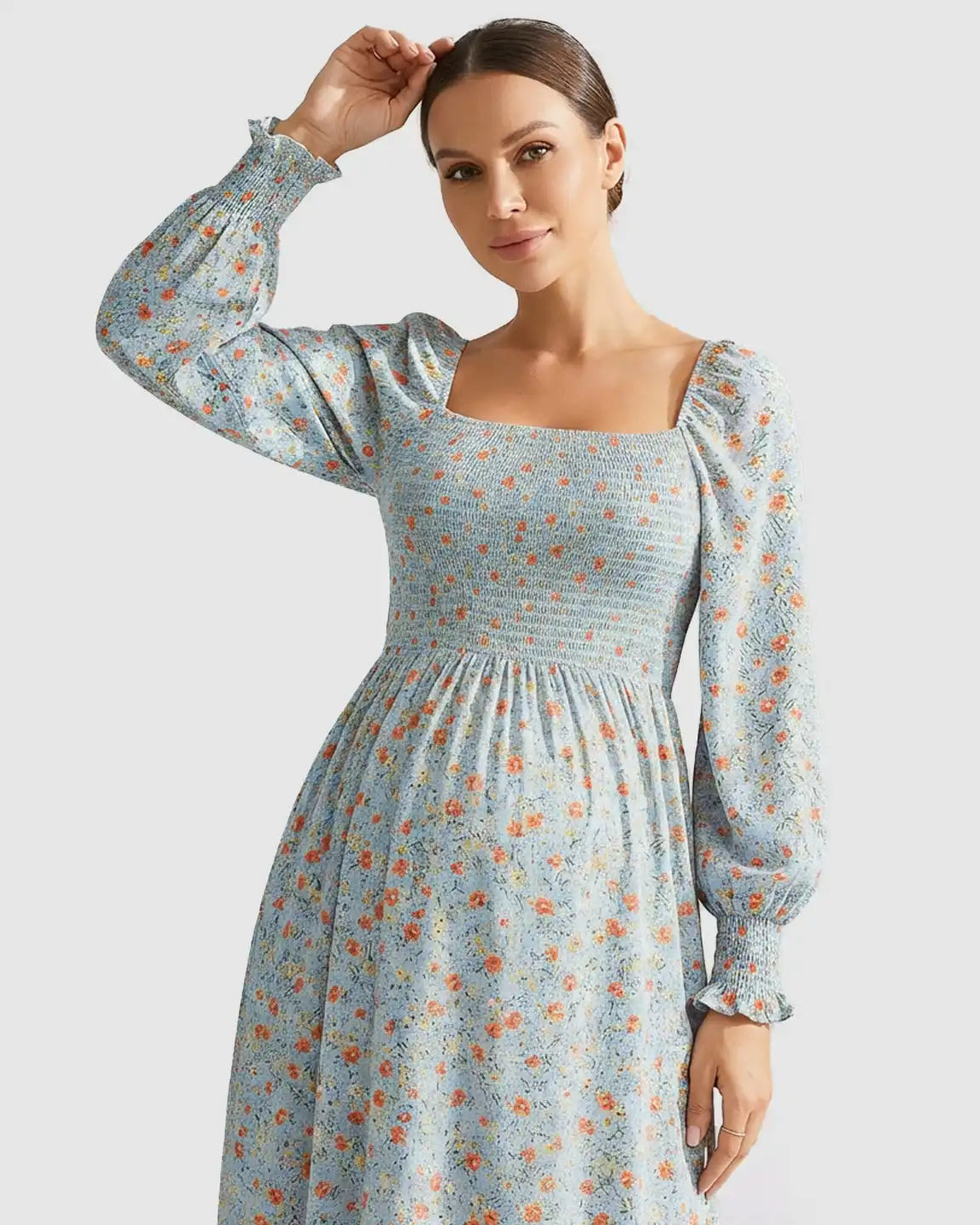 Smocked Bodice Floral Maternity Midi Dress