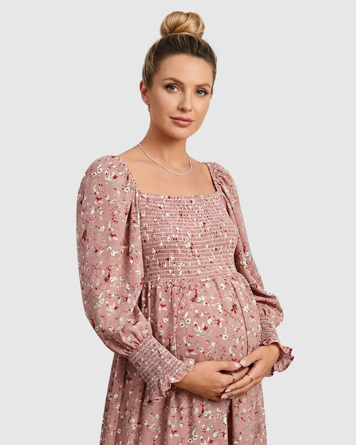 Smocked Bodice Feminine Maternity Midi Dress